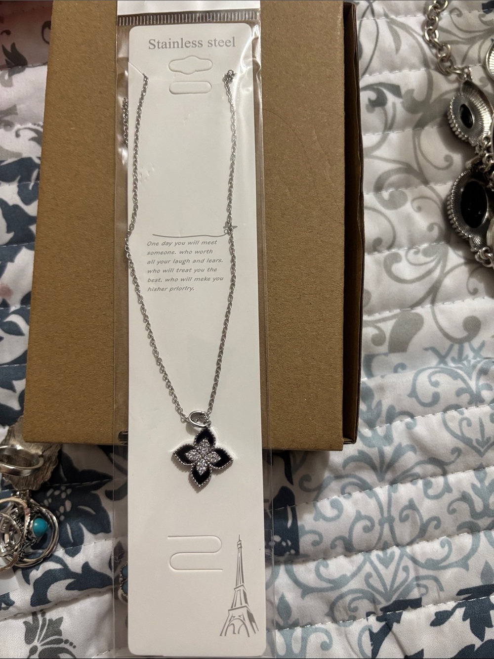 Stainless Steel Four-Leaf Clover Pendant Necklace - Silver & Black